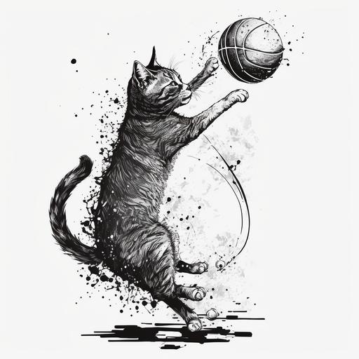 cat playing basketball, funny, lineart, ink, white background, tattoo style
