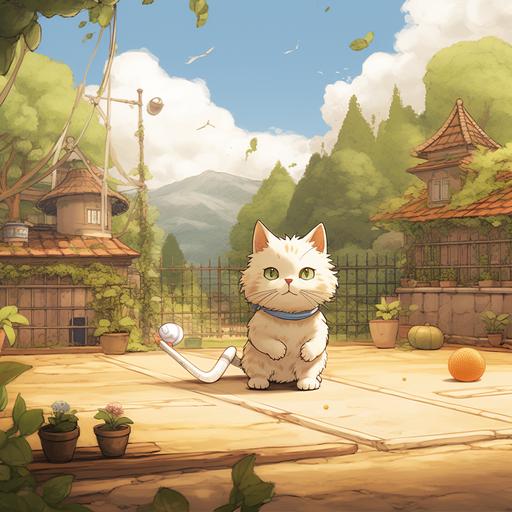 cat playing tennis in the style of studio ghibli