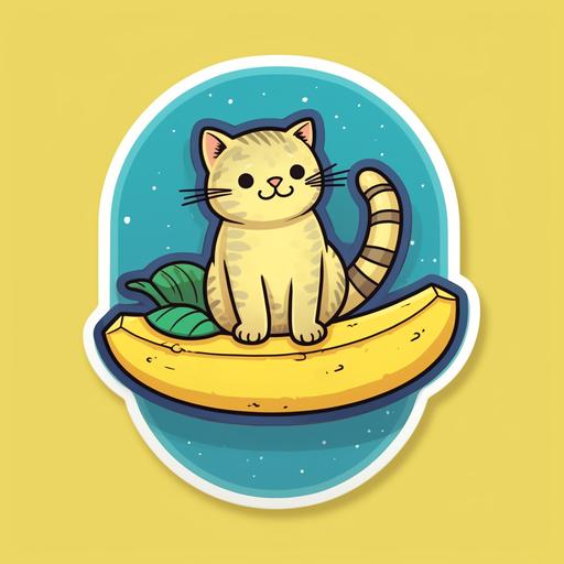 cat sitting on gaint banana, cute sticker, bubbly