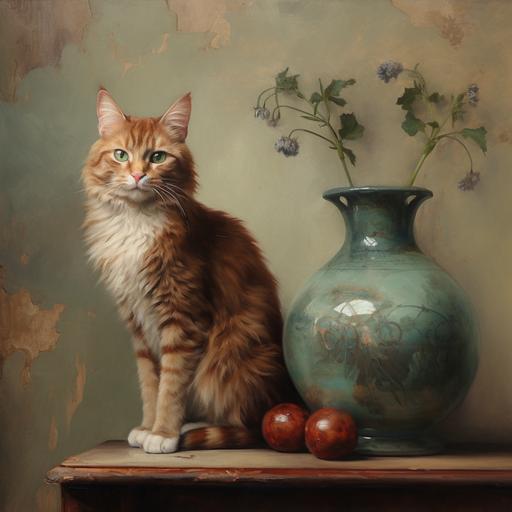 cat standing near vase, painting style