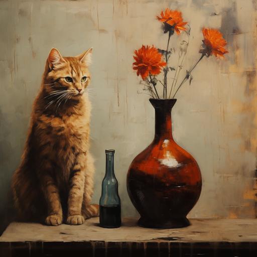 cat standing near vase, painting style
