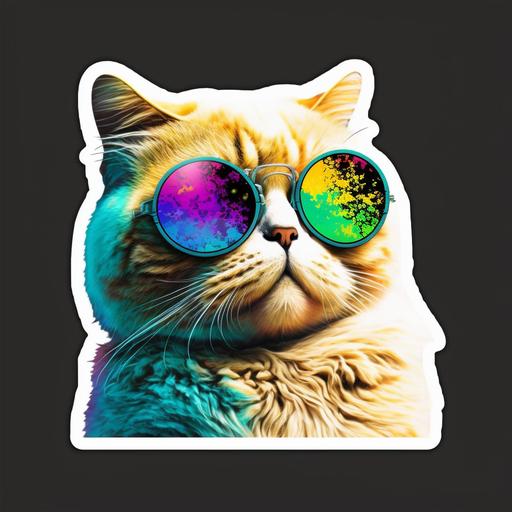 cat stoned LSD with sunglasses meme sticker --v 4
