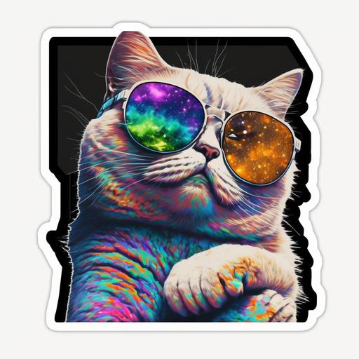 cat stoned LSD with sunglasses meme sticker --v 4