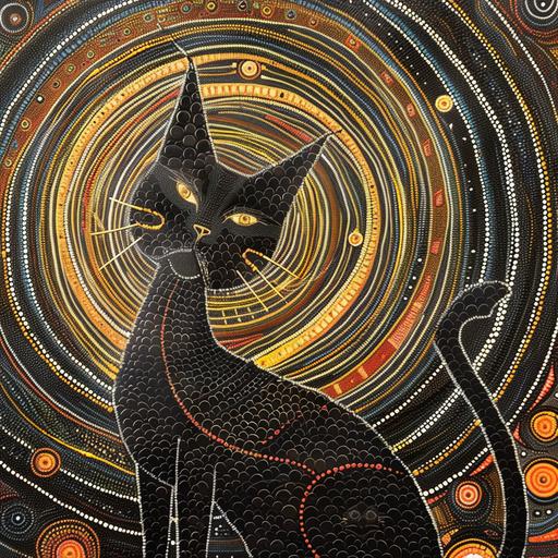 cat vampire, Dance Of The Bird People, An Endless Open Sea, Web Of Relations, Infinite Limbs, Golden Sun in the style of australian aboriginal dot art --v 6.0