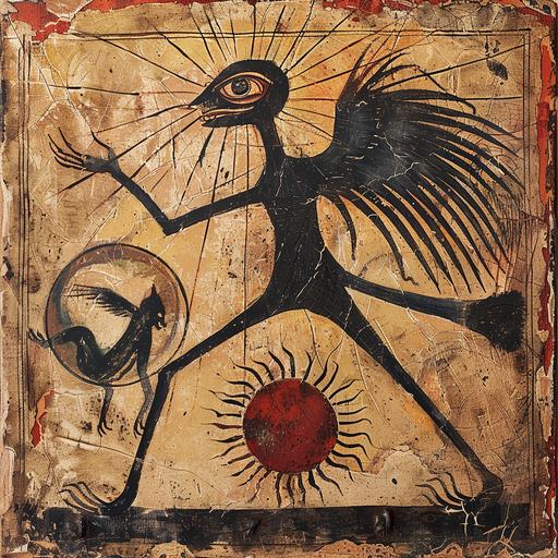 cat vampire, Dance Of The Bird People, An Endless Open Sea, Web Of Relations, Infinite Limbs, Golden Sun in the style of an ethiopian coptic icon --v 6.0