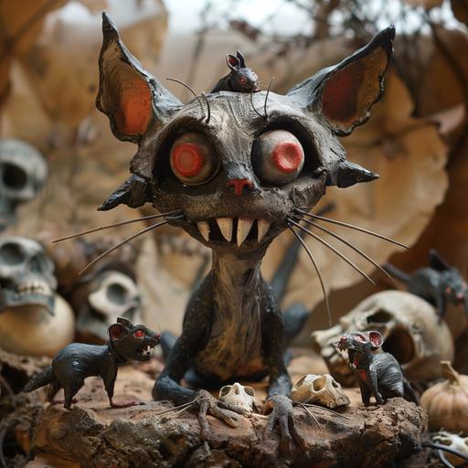 cat vampire, big fangs, red eyes, bat ears, sitting on a dog skull, surrounded by zombie mice. claymation, tim burton --s 500 --w 3