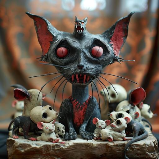 cat vampire, big fangs, red eyes, bat ears, sitting on a dog skull, surrounded by zombie mice. claymation, tim burton --s 500 --w 3 --v 6.0