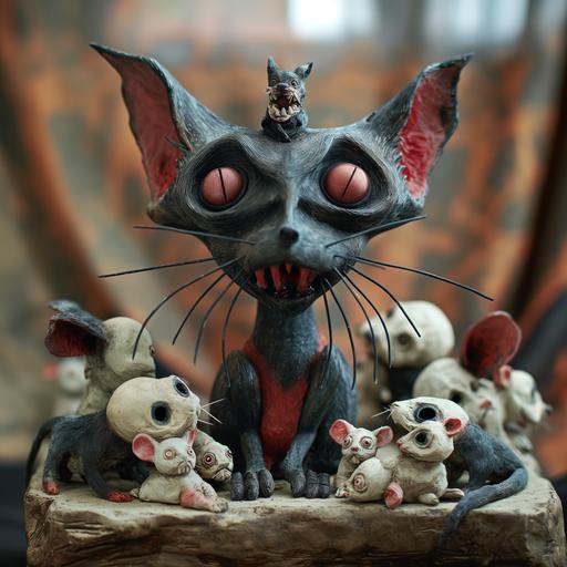 cat vampire, big fangs, red eyes, bat ears, sitting on a dog skull, surrounded by zombie mice. claymation, tim burton --s 500 --w 3 --v 6.0