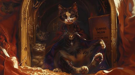 cat vampire in a coffin surrounded by zombie kittens in a crypt 