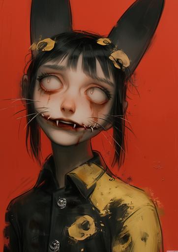 cat vampire, surreal animation, scared expression::1 --chaos 5 --ar 5:7 --stylize 629 --niji 6
