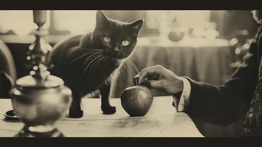 cat vampire surrealist party of the 1920s, paris, attended by gala elouard and an apple in the shape of Man Ray --ar 16:9 --v 6.0