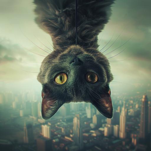 cat vampire upside down on 500px, bright day in the style of whimsical yet eerie animal symbolism, tropical landscapes, depiction of rural life, security camera art, manticore, precarious balance, misty atmosphere, city