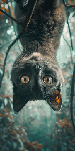 cat vampire upside down on 500px, bright day in the style of whimsical yet eerie animal symbolism, tropical landscapes, depiction of rural life, security camera art, manticore, precarious balance, misty atmosphere, city --ar 1:2