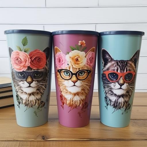 cat wearing glasses and flowers printed on Three consecutive Cups on a Table 50/40 cm