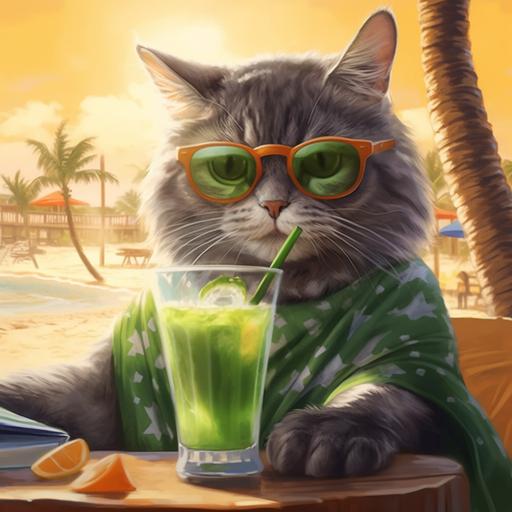 cat with cool glasses on the beach, having a nice cocktail and enjoying an amazing sun with a nigerian flag close by.