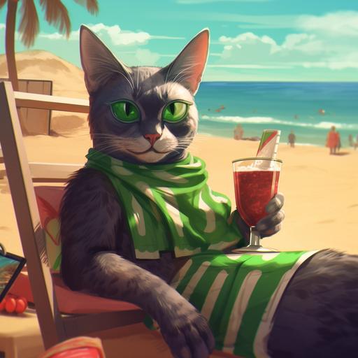 cat with cool glasses on the beach, having a nice cocktail and enjoying an amazing sun with a nigerian flag close by.