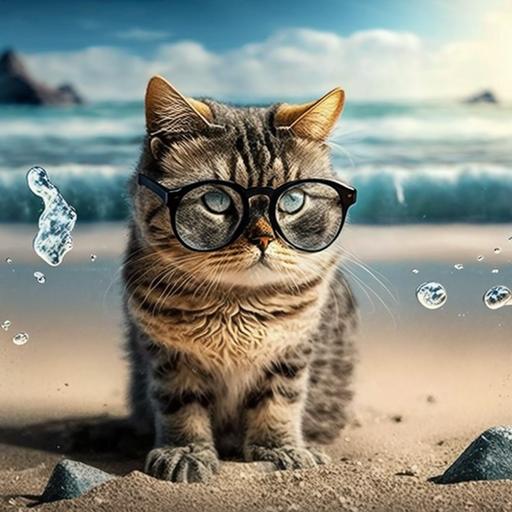 cat with glasses on the beach, Roman cat. small cat.