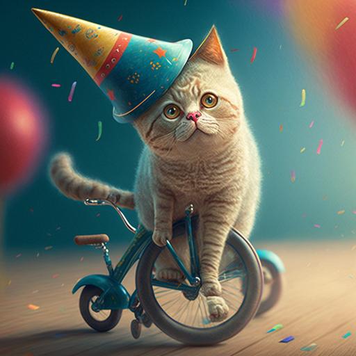 cat with party hat while riding bike