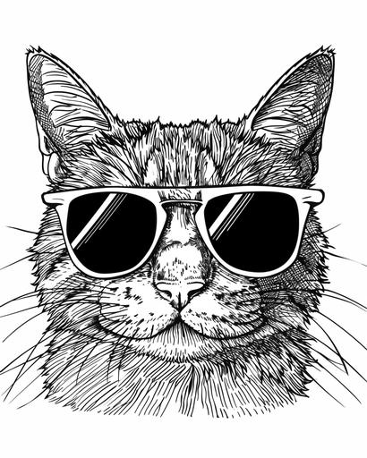 cat with sunglasses, coloring page for girls aged 10 plus, thick lines, black and white, no shading --ar 4:5 --v 6.0