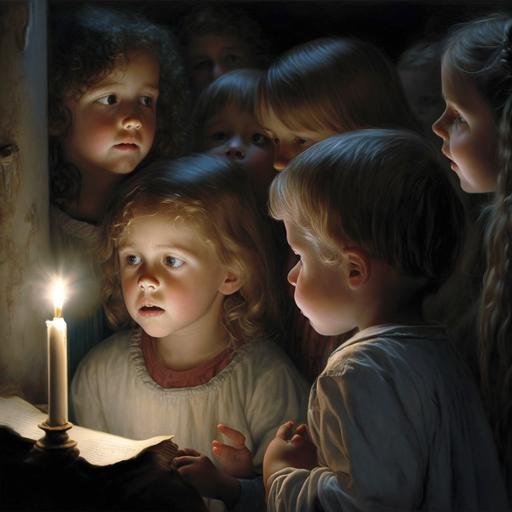 catechesis, children looking at Jesus Christ, bible, candle, prayer