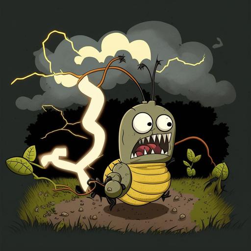 caterpillar runs away from lightning in a garden bed cartoon style --v 4