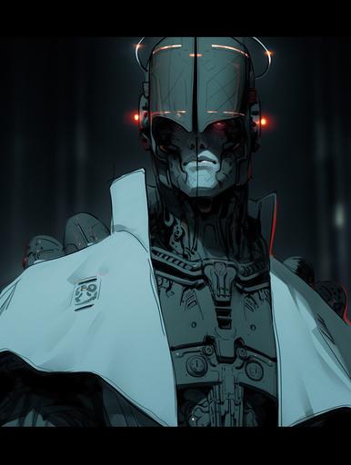 catholic pope as an android, religious zealot, cultist,robot body, darth maul, confederate rebel, crusader, teal cross paint on the face, rain, augmented, ghost in the shell, dark silhouettes, retro dark anime, horror, foggy, ink lineart, detailed --ar 3:4 --s 250 --niji 5