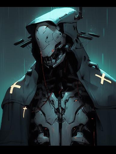 catholic pope as an android, religious zealot, cultist,robot body, darth maul, confederate rebel, crusader, teal cross paint on the face, rain, augmented, ghost in the shell, dark silhouettes, retro dark anime, horror, foggy, ink lineart, detailed --ar 3:4 --s 250 --niji 5