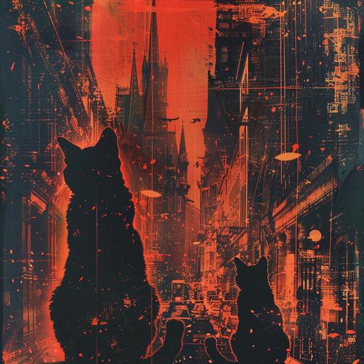 cats and cats and cats and too many wizards to count, tangerine and fuscia, greeble edging, vignette, double exposure, gritty grunge, just amazing --v 6.0