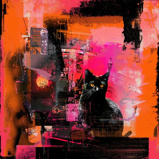 cats and cats and cats and too many wizards to count, tangerine and fuscia, greeble edging, vignette, double exposure, gritty grunge, just amazing --v 6.0