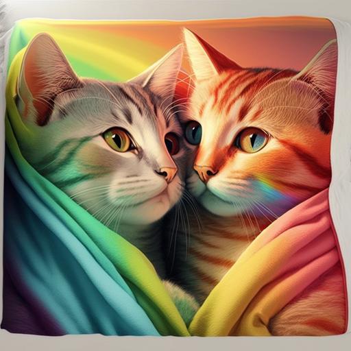 two cats cuddling under a warm rainbow blanket