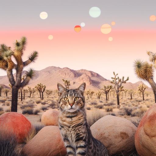 cats in a variety of colors and patterns have built a futuristic society in Joshua Tree National park. Follow the photo in the link for reference:  Produce high-resolution 4K images.