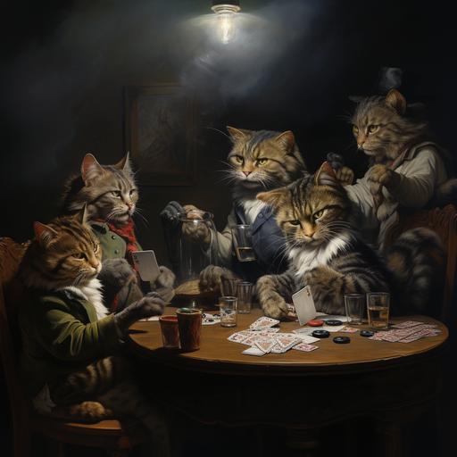 cats playing poker smoking cigarettes drinking whiskey having fun