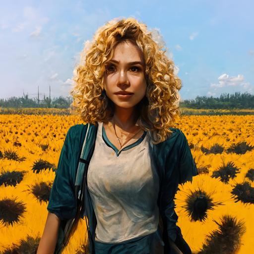 caucasian modern turkish blonde with curly hair woman walk in a sunflower field mid day, show face ,ultra realistic ,8k,hd , extremely detailed,color grading, reflections