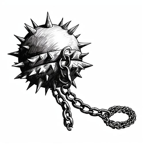 medieval spiked ball and chain flail, in illustrative drawing style, black and white, high contrast, and dramatic contrast, chain attached to decorative handle