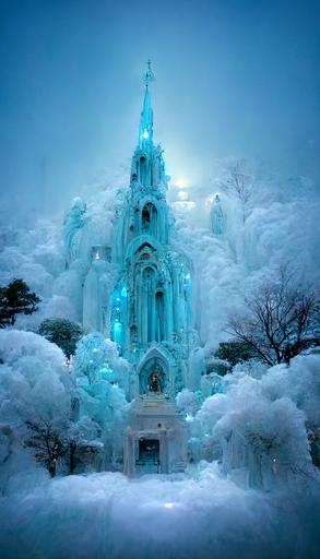 Created by Hayao Miyazaki, epic composition, light blue ice sculpture church surrounded by frozen light blue rose bushes, many frozen light blue roses in front of the camera, snowflakes, magic light fog, tree clouds, snow, winter, beautiful , tranquility, ice everywhere, frozen, rosesin frozen roses, Octane rendering super wide-angle lens, hyperrealistic Volumetric lighting, volumetric light, 8k --ar 9:16
