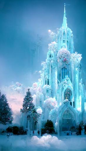 Created by Hayao Miyazaki, epic composition, light blue ice sculpture church surrounded by frozen light blue rose bushes, many frozen light blue roses in front of the camera, snowflakes, magic light fog, tree clouds, snow, winter, beautiful , tranquility, ice everywhere, frozen, rosesin frozen roses, Octane rendering super wide-angle lens, hyperrealistic Volumetric lighting, volumetric light, 8k --ar 9:16