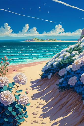 Summer coast, sandy beach, blue and white rose bushes, mountains in the distance, Studio Ghibli, Hayao Miyazaki style, --v 4 --ar 2:3