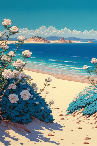 Summer coast, sandy beach, blue and white rose bushes, mountains in the distance, Studio Ghibli, Hayao Miyazaki style, --v 4 --ar 2:3