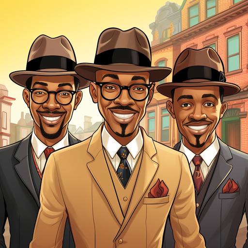 cartoon page for coloring books, four handsome afro american men, wearing suits, wearing hats, standing pose for a photo shoot, smiling, hair is bald, mustache and bread the men have, one man wearing glasses.