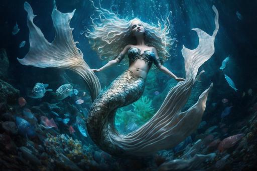 celestial beautiful mermaid, full body with fish like tail for legs, from hips to the legs she has a fish tail, long white hair, big blue eyes, black lips, cute nose, perfect figure, full body, full length shot, mermaid, siren, underwater sea, realistic, 8k, cinematic light, cinematic shot, full length --ar 3:2
