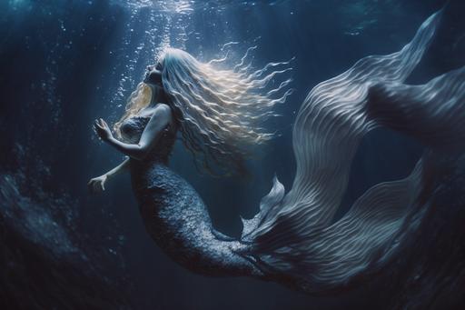 celestial beautiful mermaid, full body with fish like tail for legs, from hips to the legs she has a fish tail, long white hair, big blue eyes, black lips, cute nose, perfect figure, full body, full length shot, mermaid, siren, underwater sea, realistic, 8k, cinematic light, cinematic shot, full length --ar 3:2