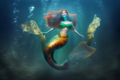 celestial beautiful mermaid, full body with fish like tail for legs, from hips to the legs she has a fish tail, long red hair, big green eyes, black lips, cute nose, perfect figure, full body, full length shot, mermaid, siren, underwater sea, realistic, 8k, cinematic light, cinematic shot, full length --ar 3:2