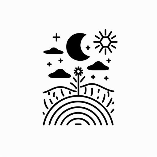 celestial farms logo design minimal, paul rand style, black and white, thick bold lines, sun, moon, star icon