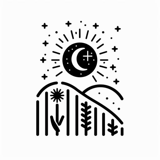 celestial farms logo design minimal, paul rand style, black and white, thick bold lines, sun, moon, star icon
