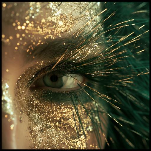 celluloid golden arrow rain on a dark green peacock feathers skin,utopian surreal Evolution of make up Design by julien le clergue--s 800 --c 10 --v 6.0