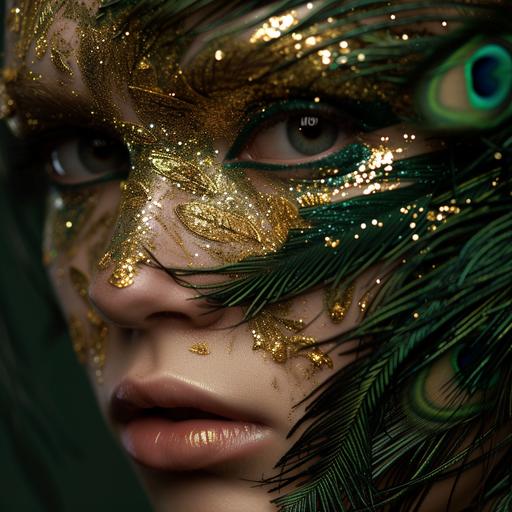 celluloid golden arrow rain on a dark green peacock feathers skin,utopian surreal Evolution of make up Design by julien le clergue--s 800 --c 10 --v 6.0