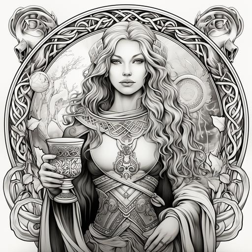 celtic goddness Medb Queen of Connacht, mead, cups coloring book style black and white