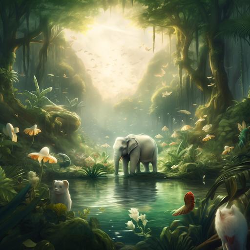 jungle atmosphere peacefull calm restfull smoothy white pale green colors owl elephant giraffe sloth birds frogs snails monkey