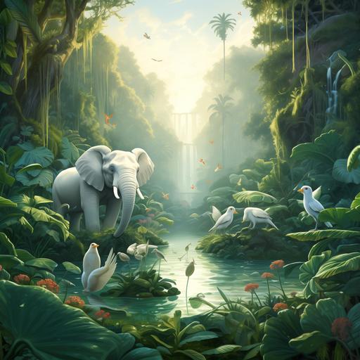jungle atmosphere peacefull calm restfull smoothy white pale green colors owl elephant giraffe sloth birds frogs snails monkey