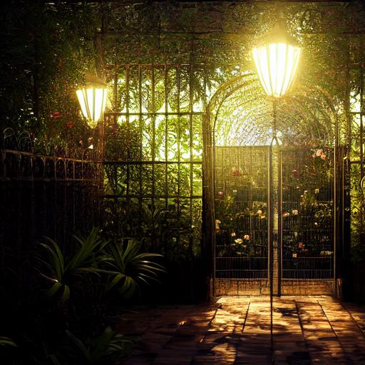 center of manicured garden , intricately woven arbor, glowing night roses , enclosed by walled fence , wroght iron gate , one mans treasure , inner glow , eerie light , volumetric lighting , insanely detailed and hyper realistic, super detailed, photography, octane render , HD , fantasy , 32k --seed 1026 --test --creative